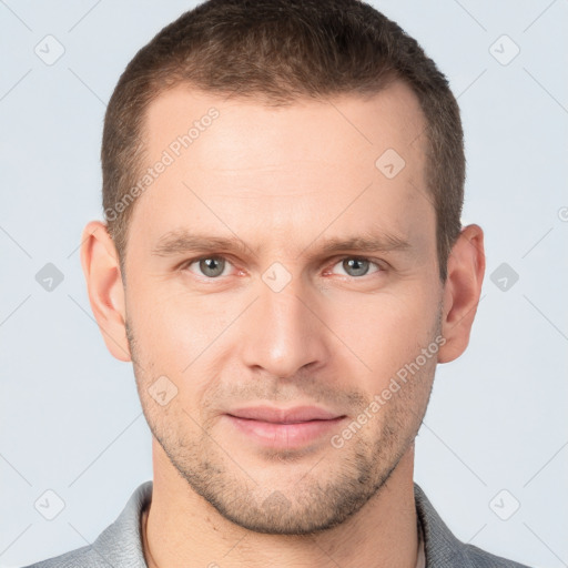 Neutral white young-adult male with short  brown hair and grey eyes