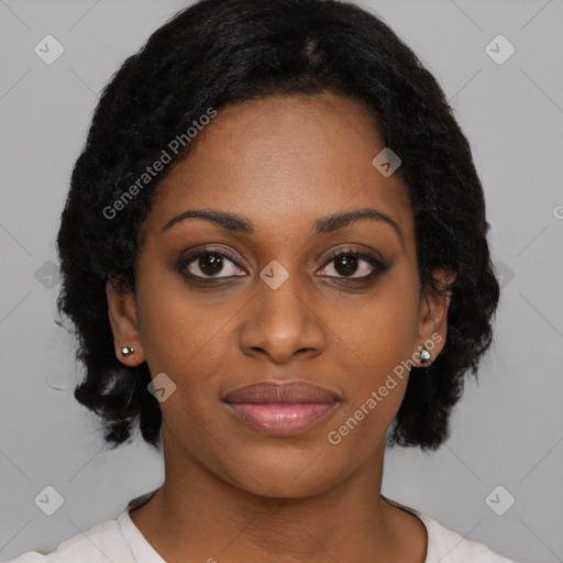 Joyful black young-adult female with medium  black hair and brown eyes