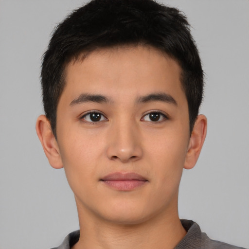 Neutral asian young-adult male with short  black hair and brown eyes