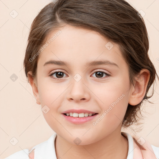 Joyful white child female with medium  brown hair and brown eyes