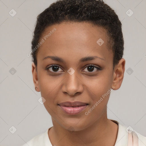 Joyful black young-adult female with short  brown hair and brown eyes