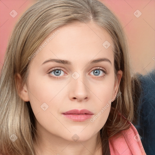 Neutral white young-adult female with long  brown hair and grey eyes