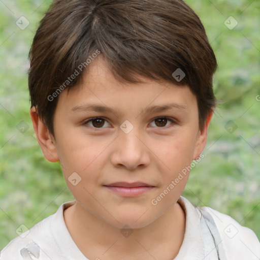 Joyful white child female with short  brown hair and brown eyes