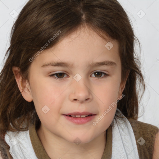 Joyful white child female with medium  brown hair and brown eyes