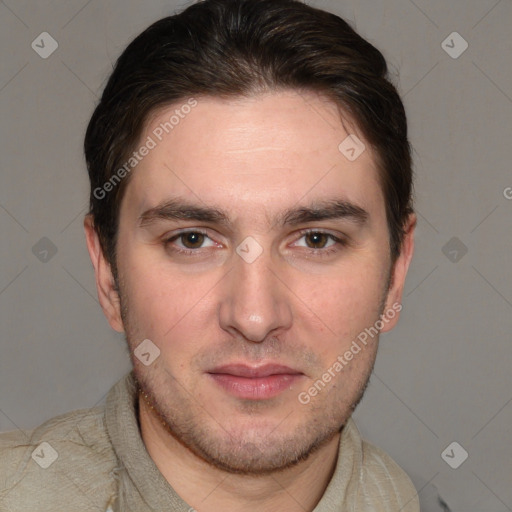 Neutral white young-adult male with short  brown hair and brown eyes