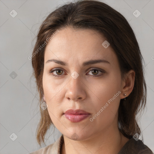 Neutral white young-adult female with medium  brown hair and brown eyes