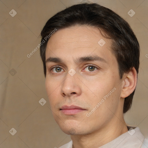 Neutral white young-adult male with short  brown hair and brown eyes