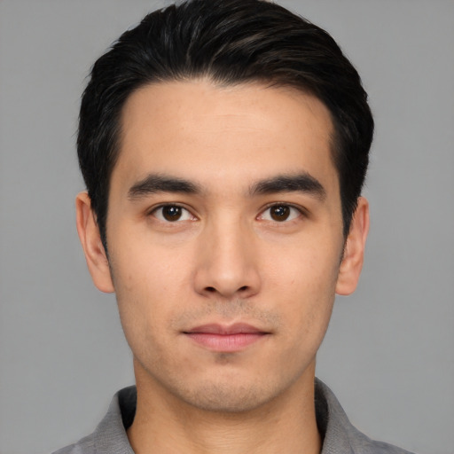 Neutral asian young-adult male with short  black hair and brown eyes
