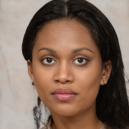 Joyful asian young-adult female with long  brown hair and brown eyes