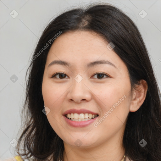 Joyful white young-adult female with long  brown hair and brown eyes