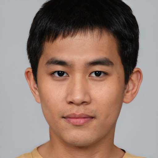 Neutral asian young-adult male with short  brown hair and brown eyes