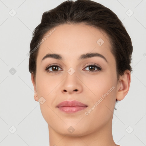 Neutral white young-adult female with short  brown hair and brown eyes