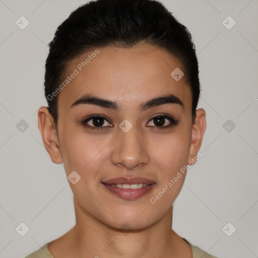 Joyful latino young-adult female with short  brown hair and brown eyes