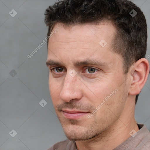 Neutral white adult male with short  brown hair and brown eyes