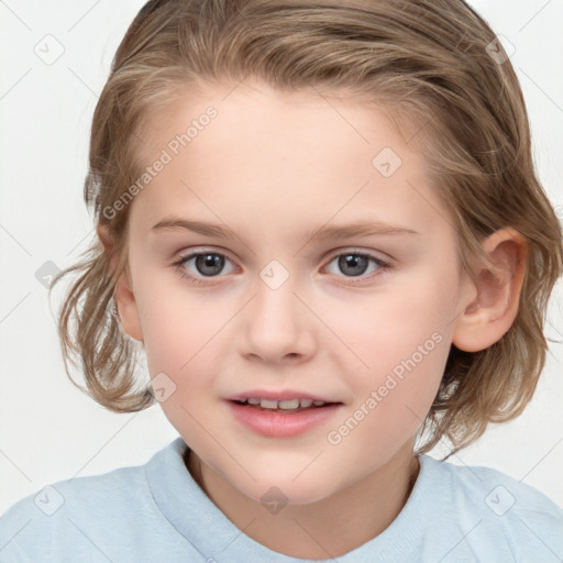 Joyful white child female with medium  brown hair and grey eyes