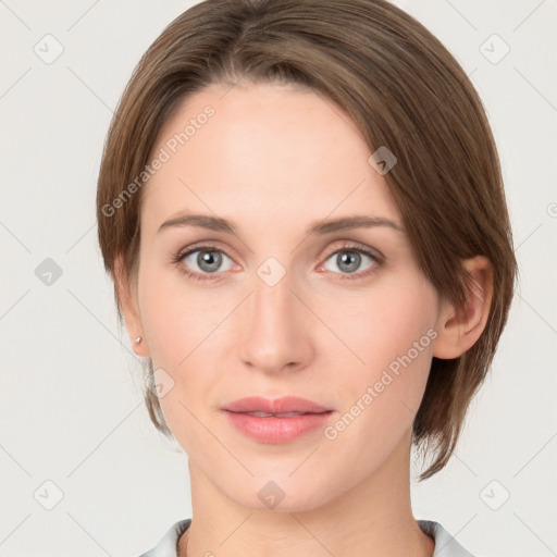 Neutral white young-adult female with medium  brown hair and grey eyes