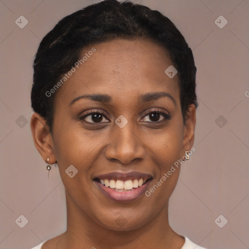 Joyful latino young-adult female with short  black hair and brown eyes