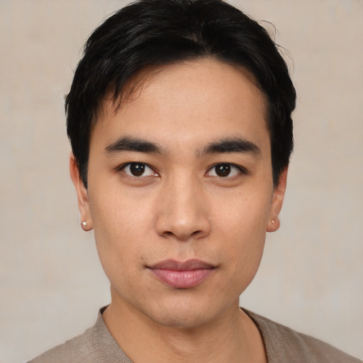 Neutral asian young-adult male with short  black hair and brown eyes