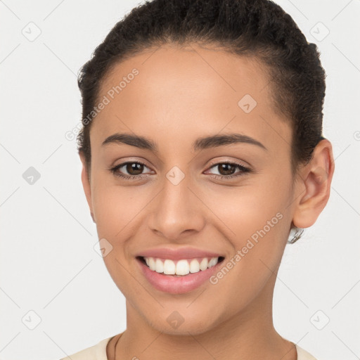 Joyful white young-adult female with short  brown hair and brown eyes