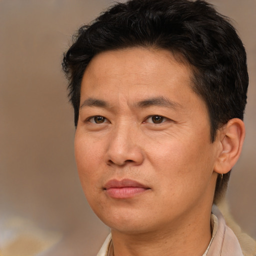 Joyful asian adult male with short  brown hair and brown eyes