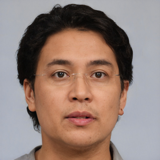 Neutral asian adult male with short  brown hair and brown eyes