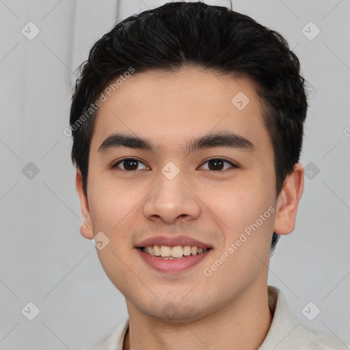 Joyful white young-adult male with short  black hair and brown eyes