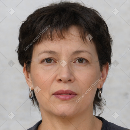 Joyful white adult female with short  brown hair and brown eyes