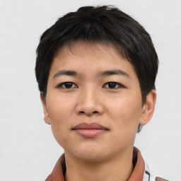 Neutral asian young-adult female with short  black hair and brown eyes