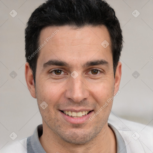 Joyful white young-adult male with short  black hair and brown eyes