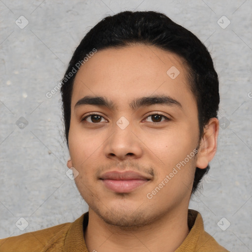 Neutral asian young-adult male with short  black hair and brown eyes