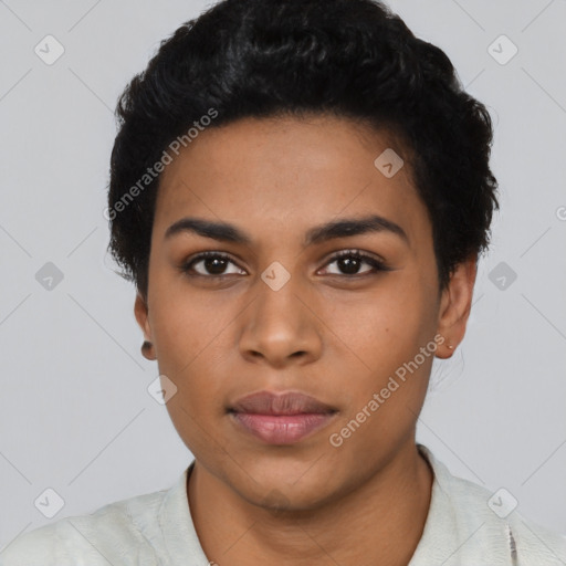 Neutral latino young-adult female with short  black hair and brown eyes