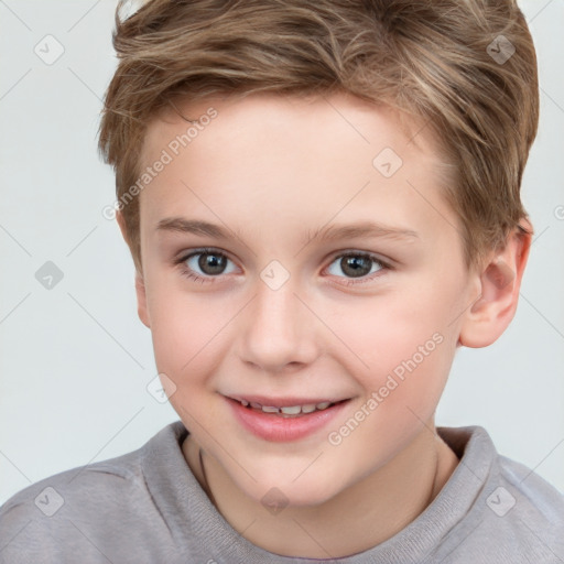 Joyful white child female with short  brown hair and brown eyes