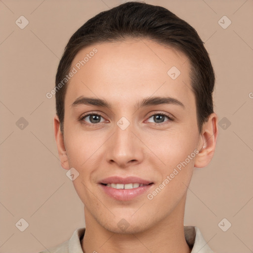 Joyful white young-adult female with short  brown hair and brown eyes