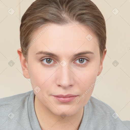 Neutral white young-adult female with short  brown hair and brown eyes