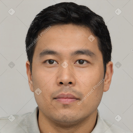 Neutral asian young-adult male with short  black hair and brown eyes