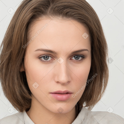 Neutral white young-adult female with medium  brown hair and brown eyes