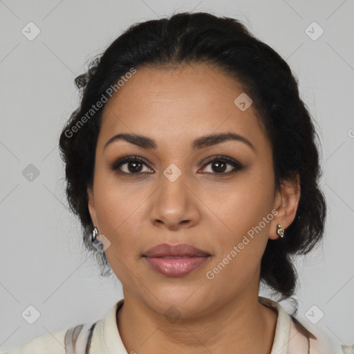 Joyful latino young-adult female with medium  black hair and brown eyes