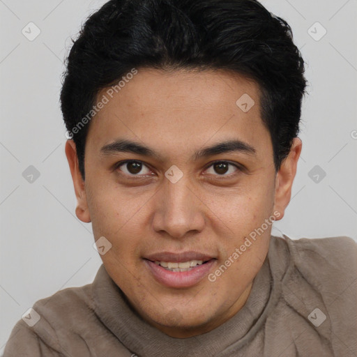 Joyful latino young-adult male with short  brown hair and brown eyes