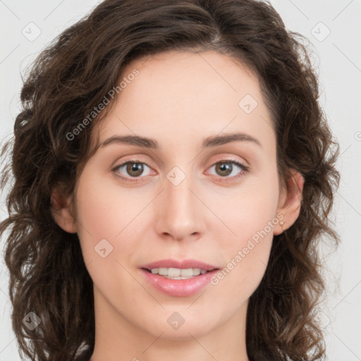 Joyful white young-adult female with medium  brown hair and green eyes