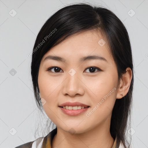 Joyful white young-adult female with medium  brown hair and brown eyes