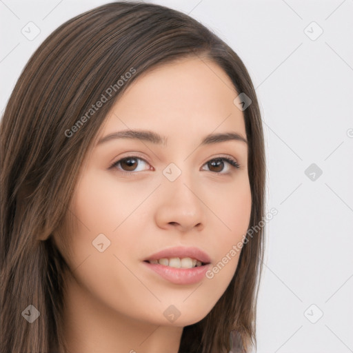 Neutral white young-adult female with long  brown hair and brown eyes