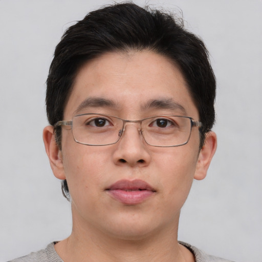 Neutral asian adult male with short  brown hair and brown eyes