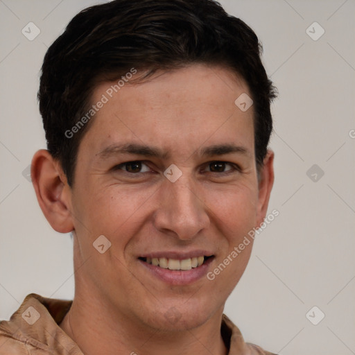 Joyful white young-adult male with short  brown hair and brown eyes