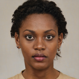 Neutral black young-adult female with short  black hair and brown eyes