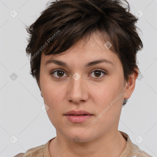 Neutral white young-adult female with short  brown hair and brown eyes