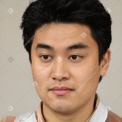 Neutral latino young-adult male with short  black hair and brown eyes
