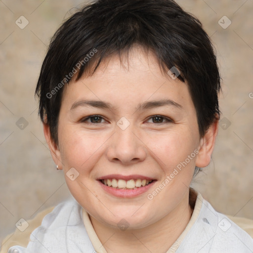 Joyful white young-adult female with medium  brown hair and brown eyes