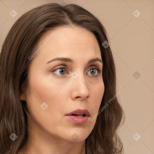 Neutral white young-adult female with long  brown hair and brown eyes