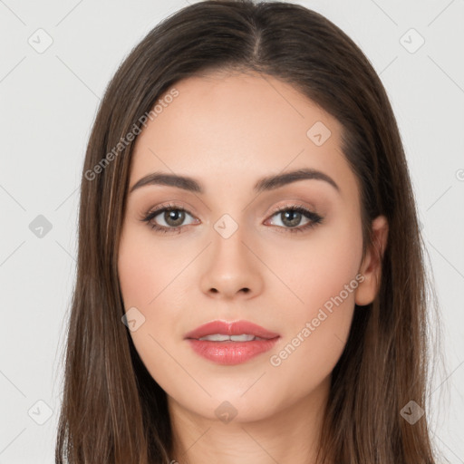 Neutral white young-adult female with long  brown hair and brown eyes