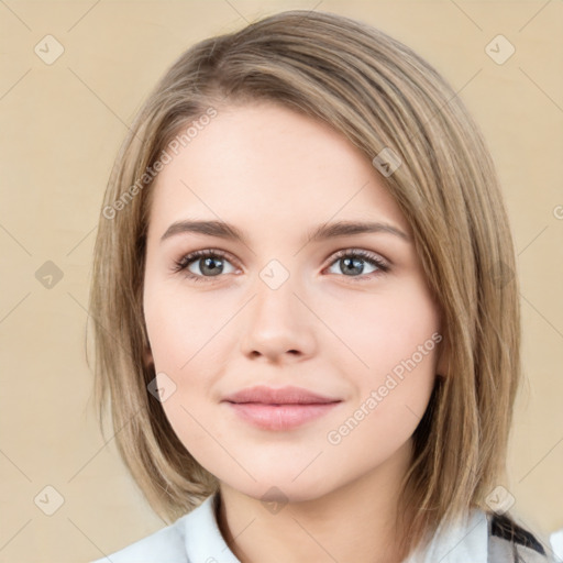 Neutral white young-adult female with medium  brown hair and brown eyes